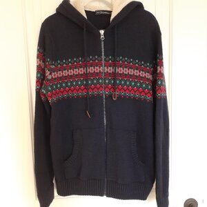 GAP Fair Isle Full Zip Sweater with Sherpa Lined Hood Lambswool Blue Size XL